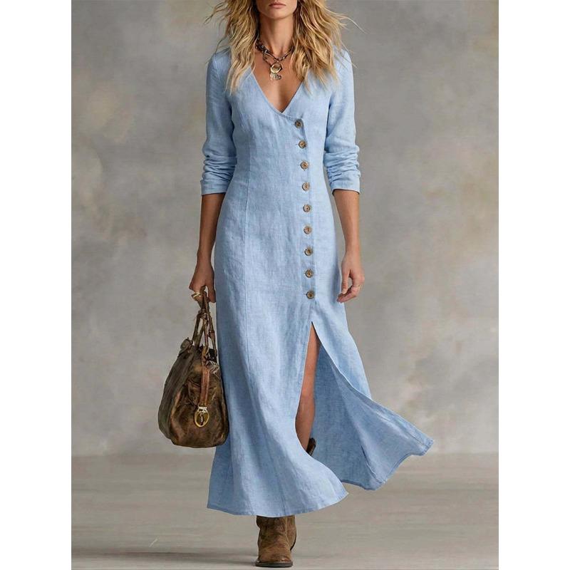 BITCED Fashion Spring Autumn Solid Color Print Long Sleeve V-Neck Casual Dresses