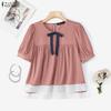 ZANZEA Women Casual Round Neck Summer Short Sleeve Lace Splice Blouse