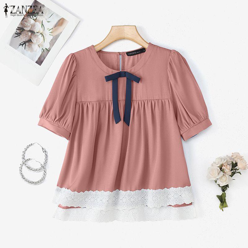 ZANZEA Women Casual Round Neck Summer Short Sleeve Lace Splice Blouse