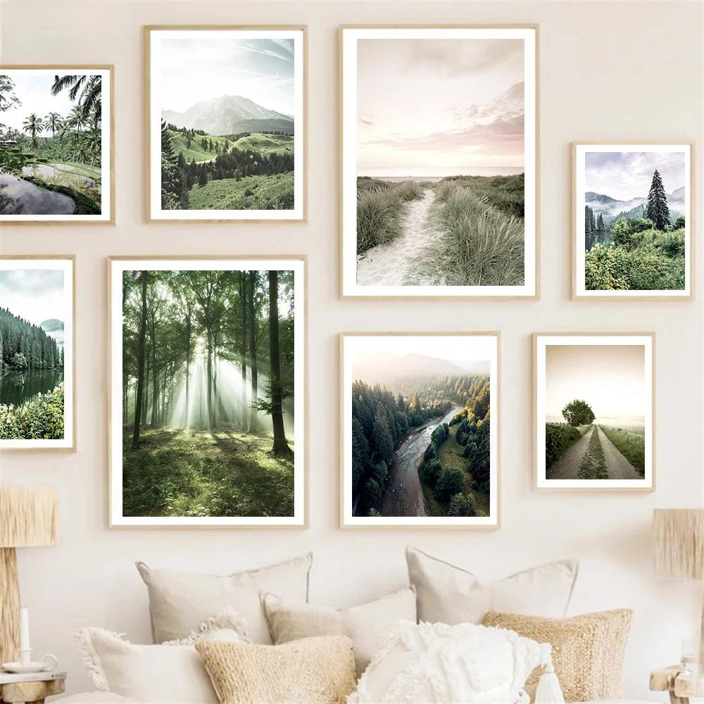 Nordic Green Forest Grassland Lake Landscape Poster Valley Path Boat Wall Art Canvas Painting Pictures Living Room Home Decor