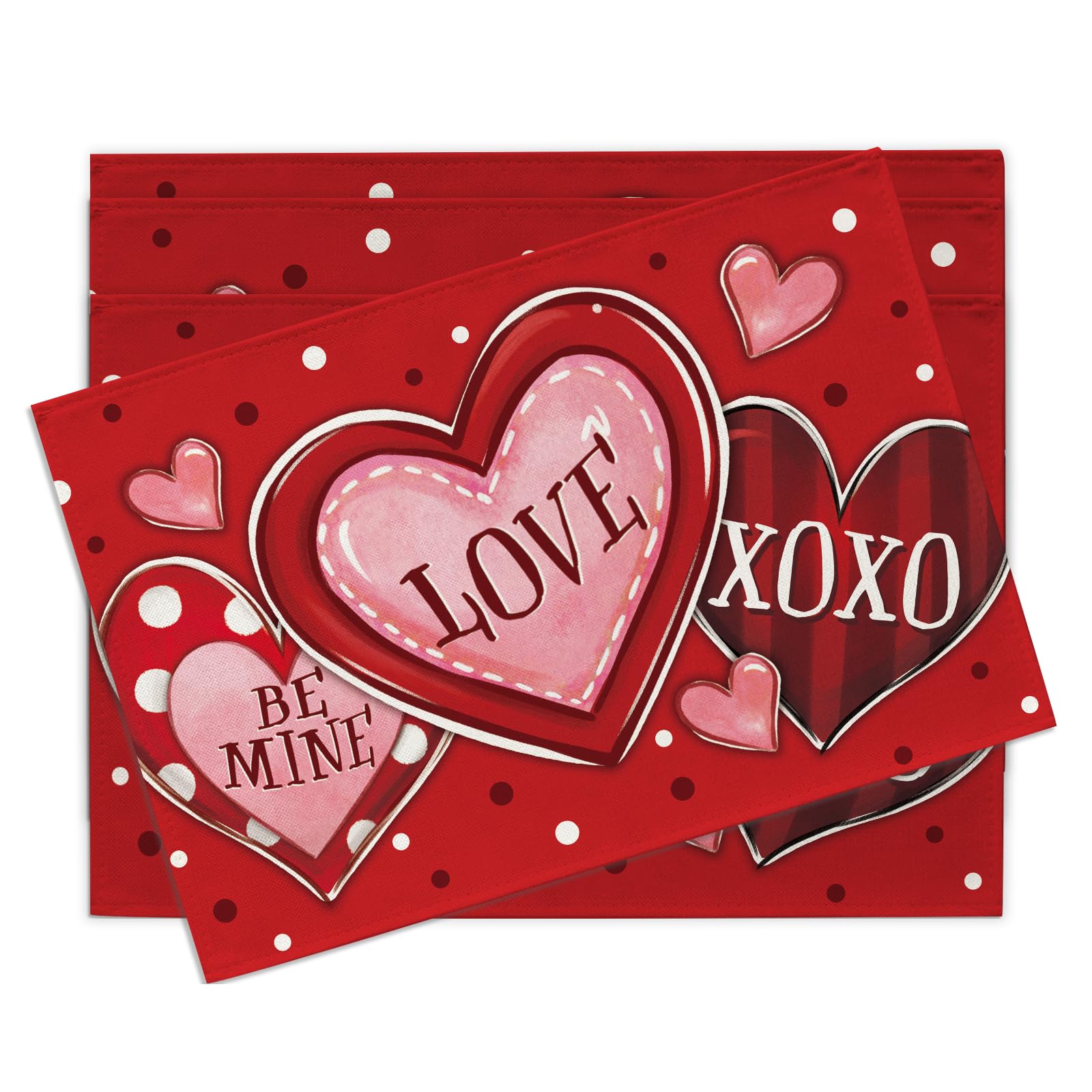 

Valentines Day Placemats Set of 4, Red Pink Love Heart Polka Dots Stripes Dining Place Mats Table Decor 4Pcs-12 X18