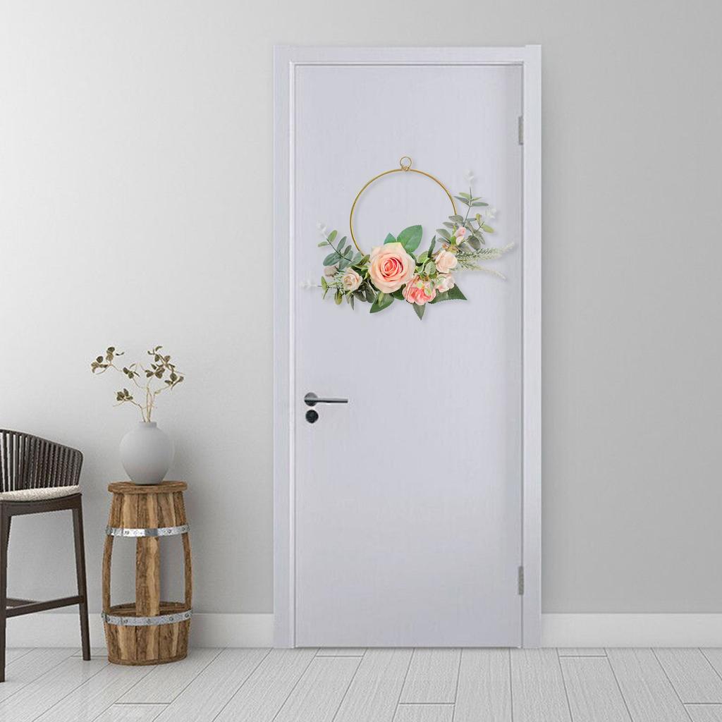 Floral Hoop Wreath Artificial Rose Flower Wreath Metal Geometric Frame Wall Mounted Simulated Wreath Home Wall