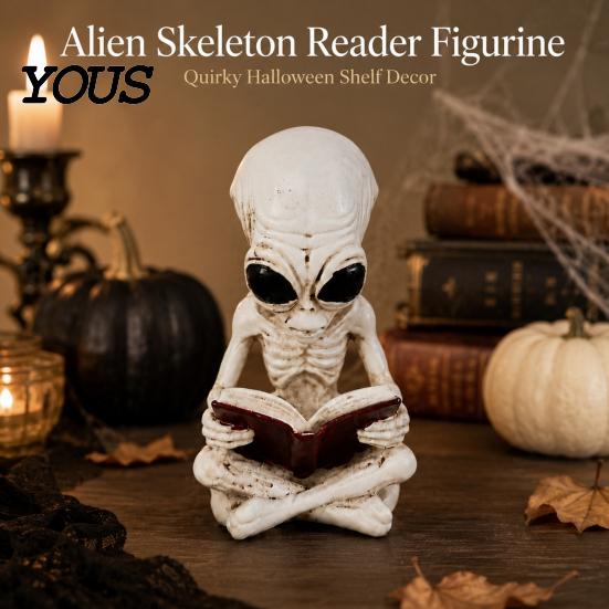 Collectible Alien Art Pieces Cross Legged Reading Book Skeleton Figurine, Resin Sci-Fi Gothic Personalized Birthday Souvenirs Halloween Ornament,