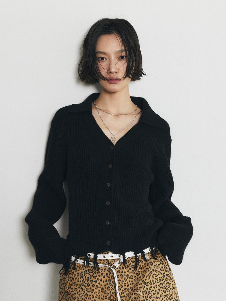 HALF DEVIL US Knit V-Neck Collared Cardigan_Black