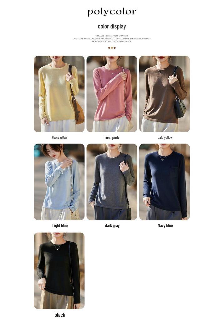 Women's Slim Fit Solid Color Round Neck Wool Sweater - Long Sleeve Fine Knit Base Layer
