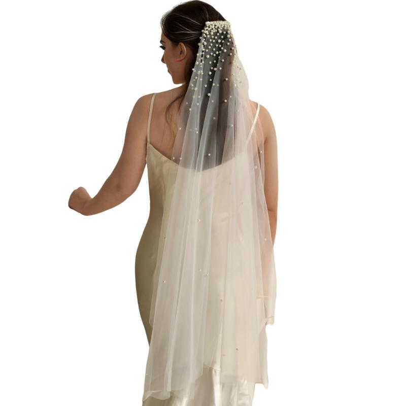 Luxurious Bridal Veils Airy Sheer Hair Accessory For Wedding Pearls Adorned Headpiece Classical Design