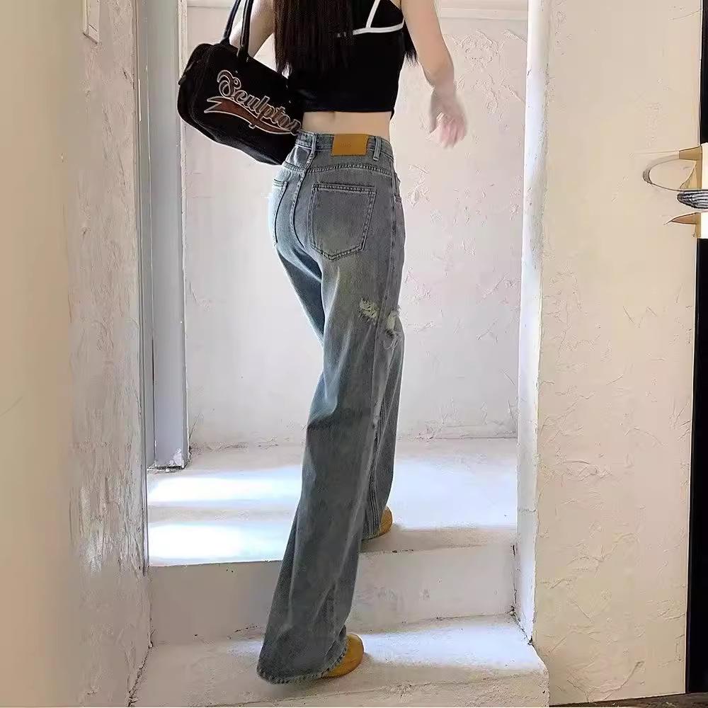 American Retro Ripped Slim-Fit Jeans - Damen Hong Kong Style, Lockere Gerade, Vielseitige Sommerhose mit Weitem Bein