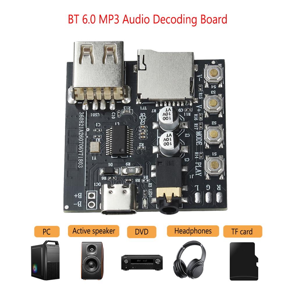 DC 5V Bluetooth 6.0 Audio Receiver Module Type-C USB-A TF Card Playback Power-off Memory Earphone External Amplifier Audio Board