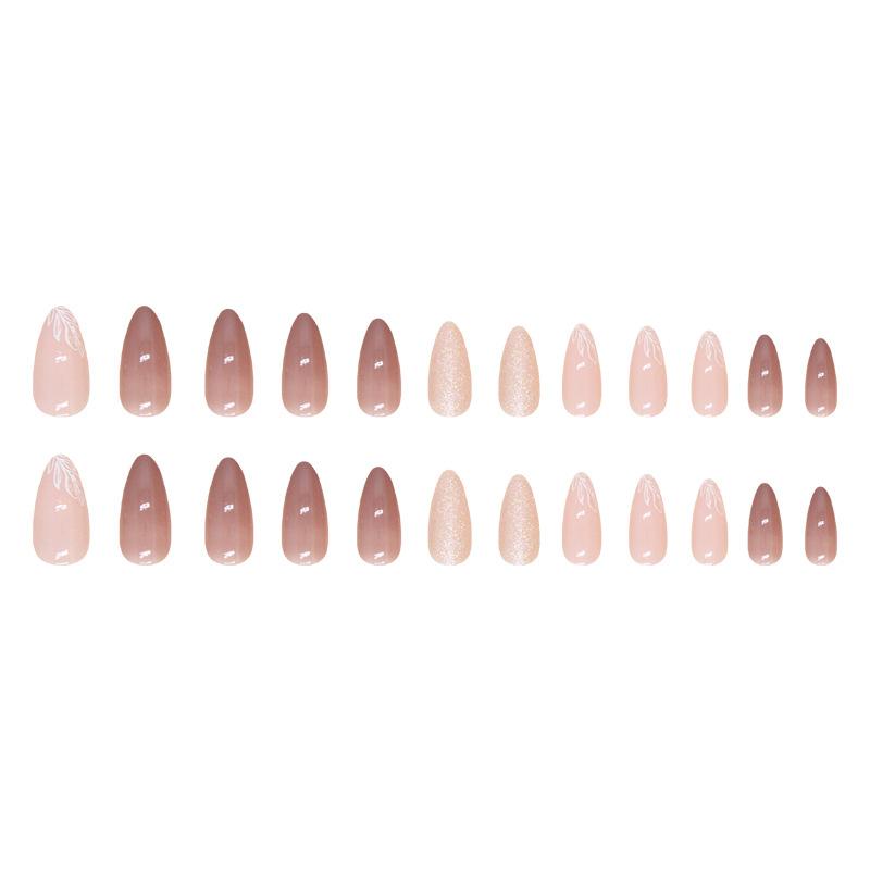 24 Pieces Nude Light Coffee Temperament White Almond Nail Autumn and Winter Leaves Glitter Powder Nail Art Piece Round Head Wearing Nail