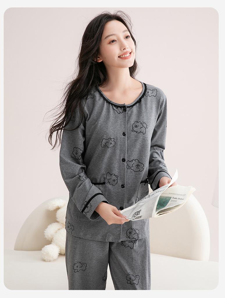 Fenteng [100% Cotton] Lace Round Neck Line Dog Wear Exquisite Long Sleeve Home Clothes Set Women's Pajamas