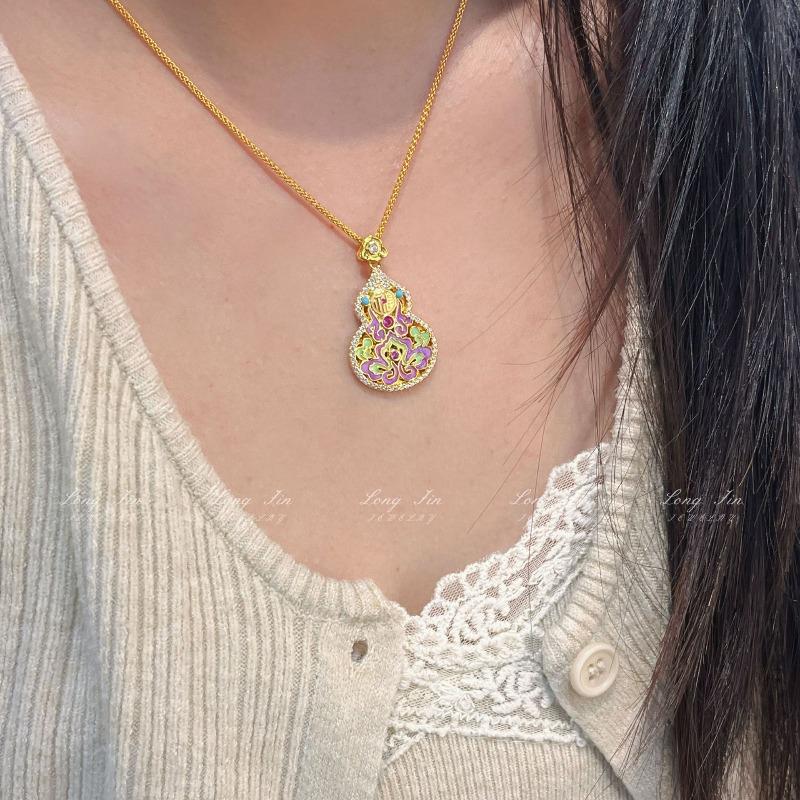 National Style Enamel Craft Gourd Necklace Sweater Chain Painted Niche Design Light Luxury Double-Sided Pendant