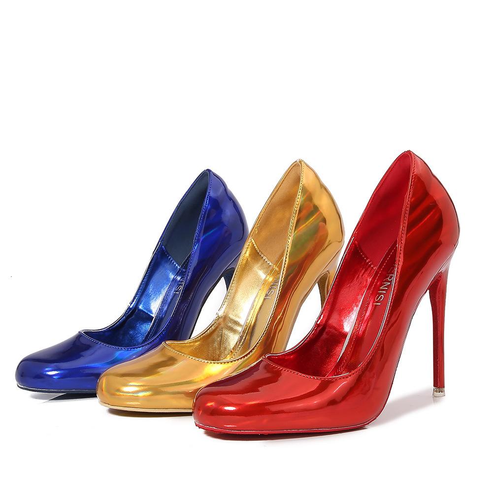 12cm Moda Europea Pelle Verniciata Rossa Punta Tonda Tacchi Sottili a Spillo Taglia Grande Scarpe da Donna Eleganti Per Pole Dance e Spettacolo da Palcoscenico WZ-091-2