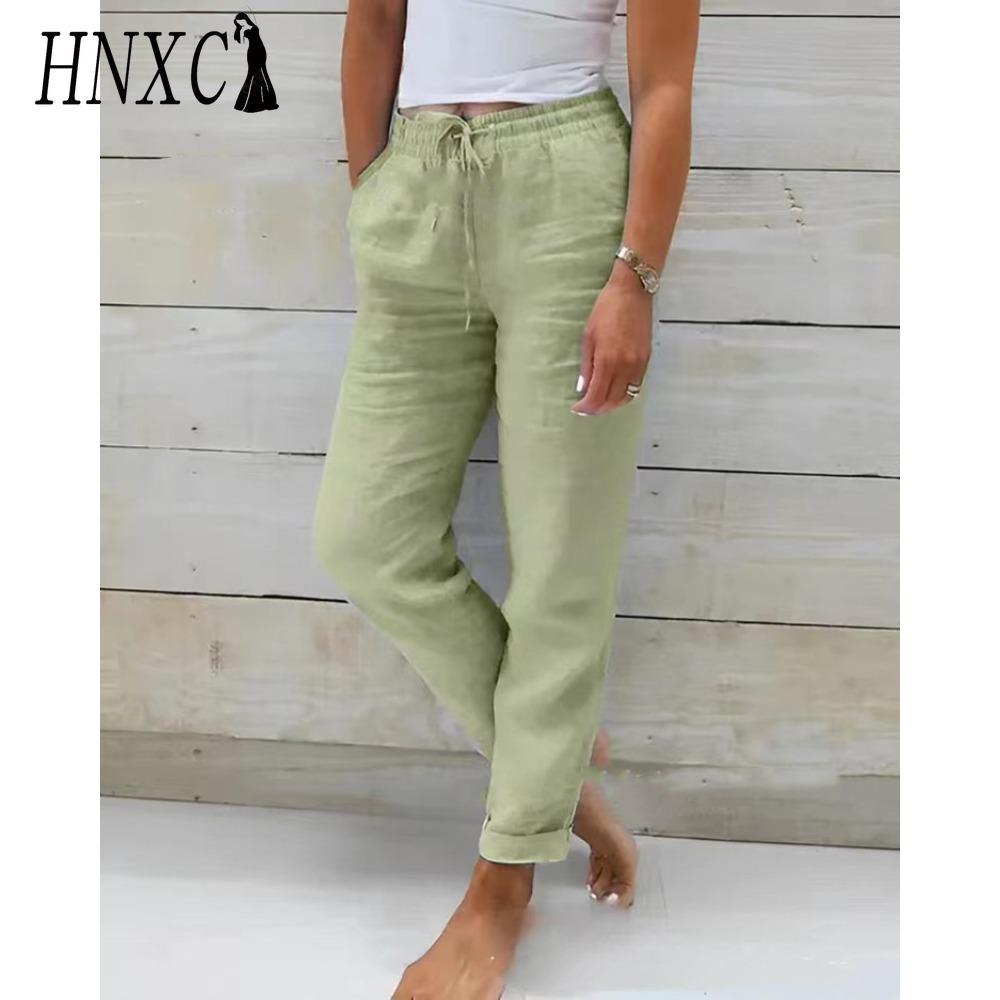 

HNXC Женские летние брюки с широкими штанинами и эластичной талией, длиной девять очков XXXL зелёный