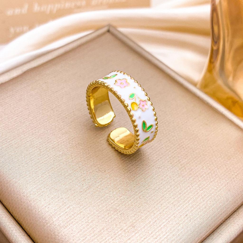 Ring Retro Flower Enamel Color Ring Niche High-end Sense Light Luxury Elegant Fashion Versatile Ring Women Do Not Fade