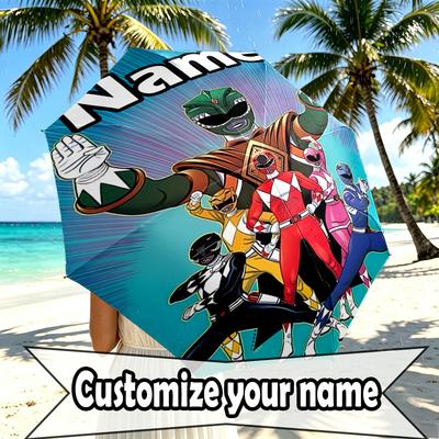 Custom Name Personalized Mighty Morphin Power Rangers Print Umbrella, Auto Open Close, 8‑Rib Sturdy Frame, Commute Camping Hiking Use, Birthday Gift