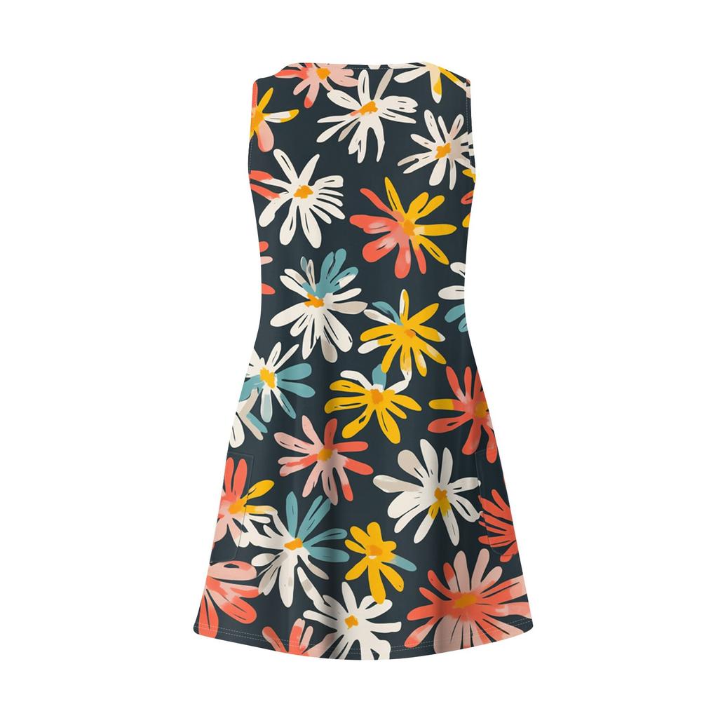 Dámské ležérní módní šaty s výstřihem do V, bez rukávů, s květinovým potiskem a boční kapsou