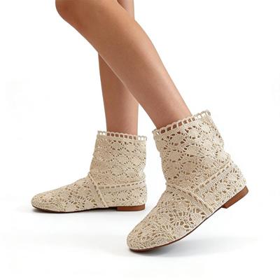Handmade Crochet Knit Boots Women Summer Shoes Hollow Out Flat Lightweight Casual Ladies Short Booties Elegant Beige
