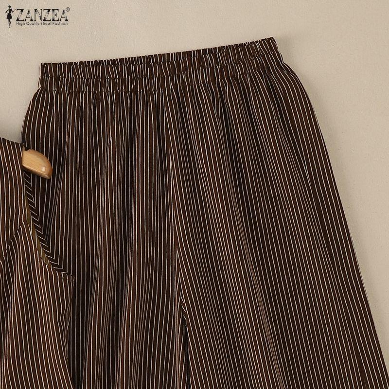 ZANZEA Women Sleeveless Vest Tops and Pants Stripe Print Two Piece Suit Sets