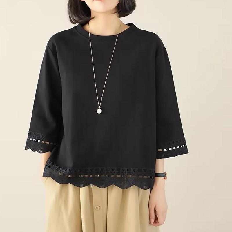 Pullovers Women Three-quarter Sleeves Autumn Winter Cotton Blouse Oversized Comfortable Stretch Solid Color Round Neck Loose Tops