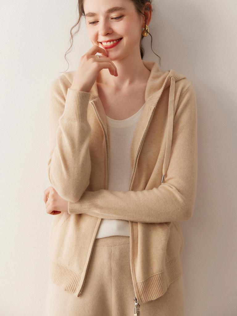 Women's Casual Hooded Cashmere Cardigan with Zipper & Pockets