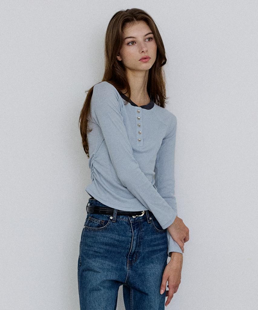 ROIROI Henley Neck Shirred Long Sleeve - Baby Blue
