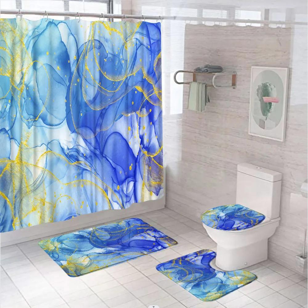 Marbling 3D Shower Curtains Luxury Marble Blue Golden Veins Bath Mats Set Pedestal Rug Toilet Cover Bathroom Curtain With Hooks