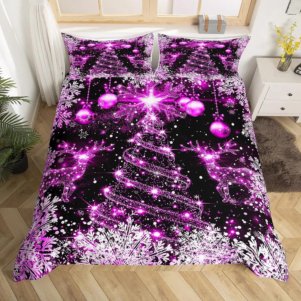 Christmas Tree Duvet Cover Set Blue Xmas Comforter Cover Girly Glitter Elk Bedding Sets Winter Snowflakes Duvet Cover Full Size