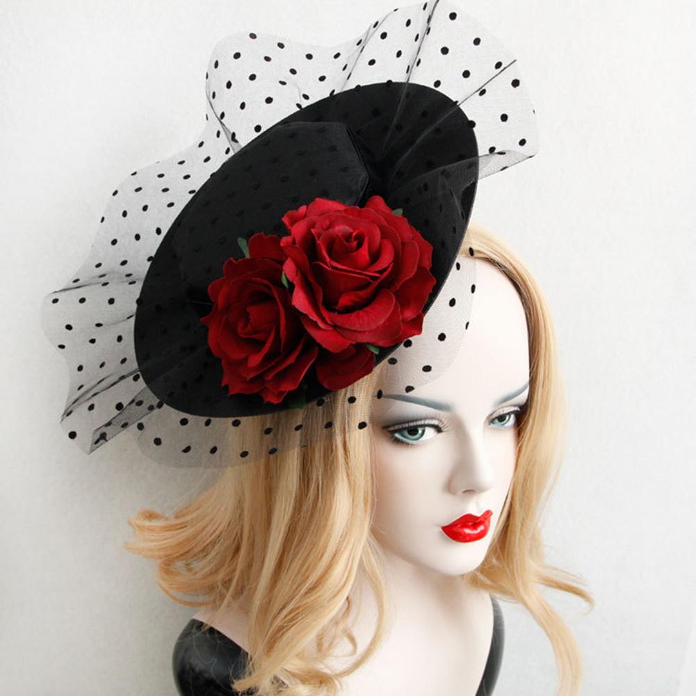 Women Retro Elegant Rose Net Yarn Little Hat Headdress Hair Ornaments for Wedding Banquet