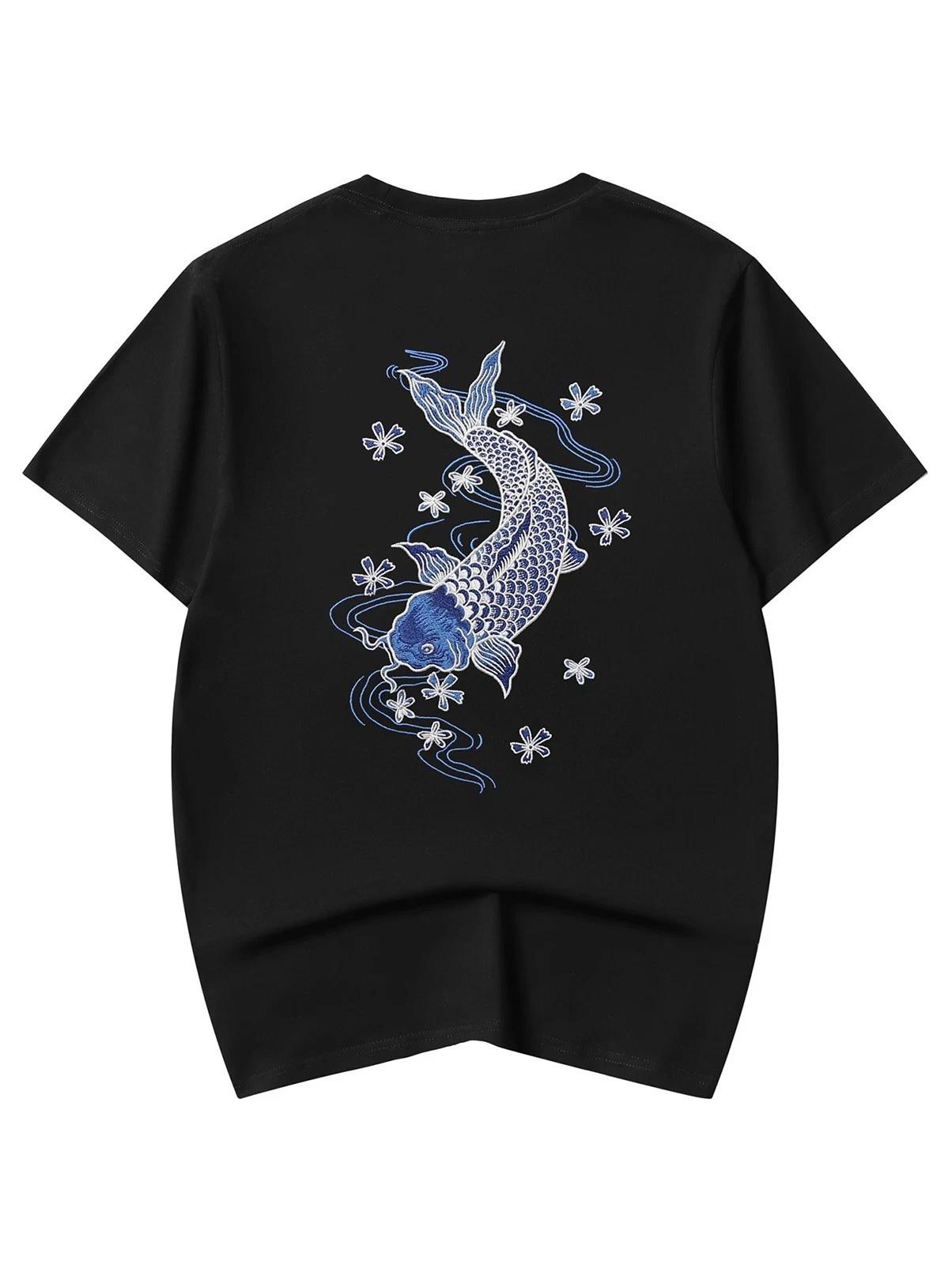 Niepce Japanese Streetwear Embroidery T-shirt Blue Koi Graphic Tee for Men S