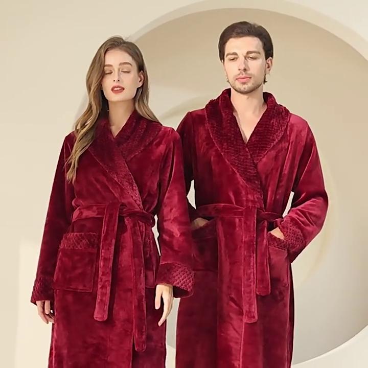 Plus Size Men's Autumn Winter Thicken Warm Flannel Robe Couple's Long Lace Up Bathrobe with Pockets