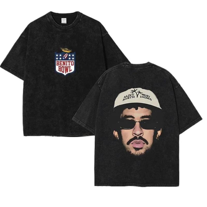 

2026 Rapper Bad Bunny Super Bowl Washed Vintage Cotton T-shirt Summer Men s Fashion Hip Hop Short Sleeve T-shirts Streetwear S чёрный