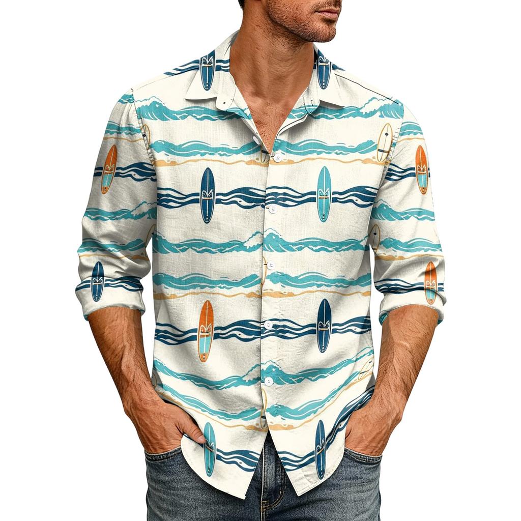 Men's Hawaiian Loose Fit Long Sleeve Button Down Shirt Retro Casual
