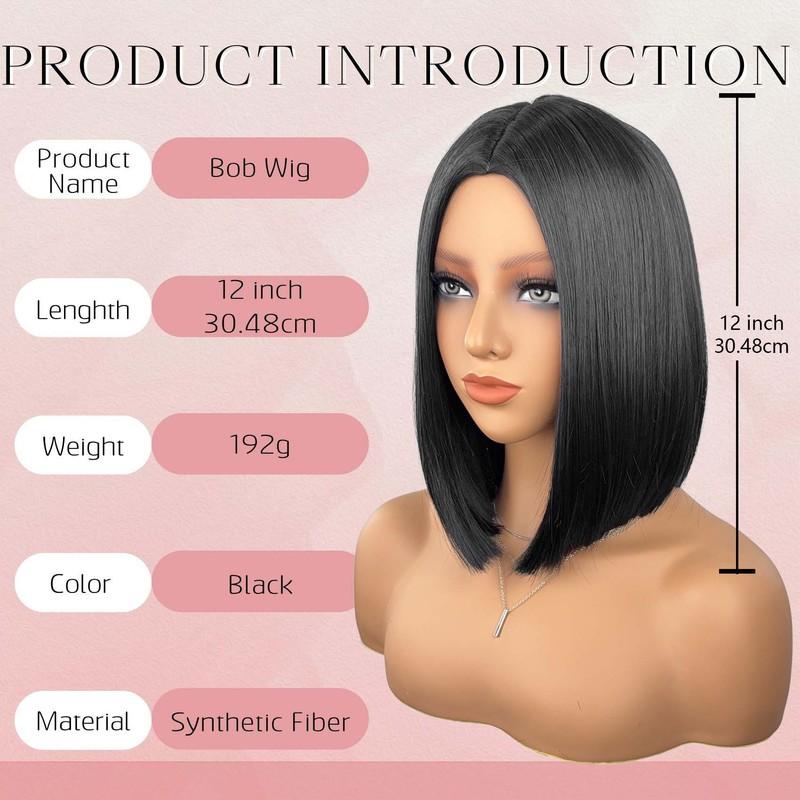 Women Bob Straight Hair Wig with Middle Part No Bangs Made of Heat-Resistant Synthetic Fiber Suitable for Daily Wear and Parties