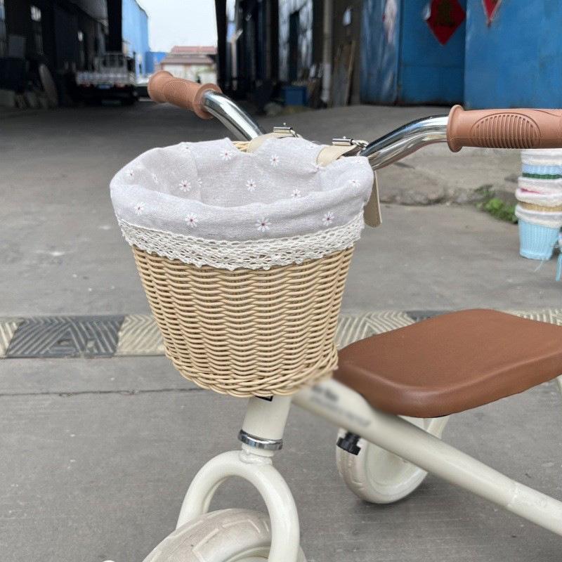 Hand-Woven Rattan-Style Detachable Bicycle Storage Basket for Children's Scooters - Small, Lidless