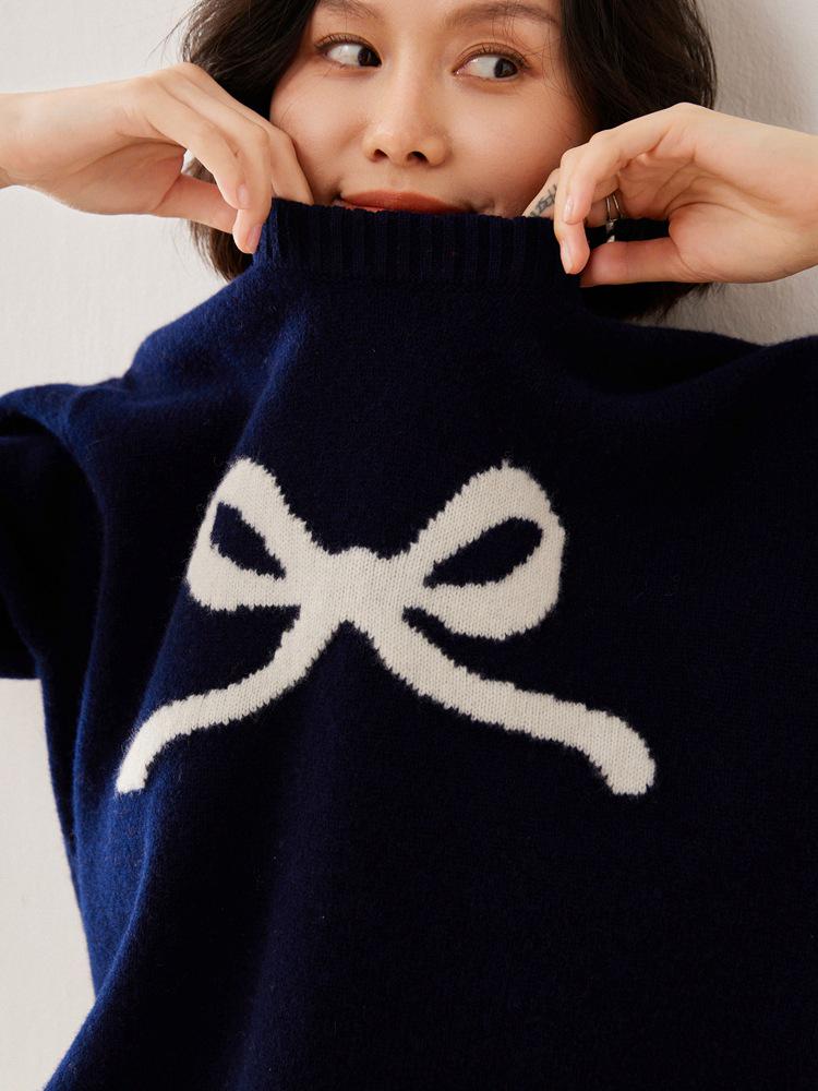 New Women's Thick Knit Bow Jacquard Wool Sweater - Red, Pure Wool, Round Neck, Loose Fit