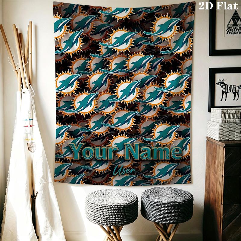 Name Benutzerdefinierte Miami Dolphins Logos Wandteppich Ästhetischer Wandbehang Gedruckter Stoffdecke Dekorative Wandteppiche für Schlafzimmer Wohnzimmer Heimdekoration