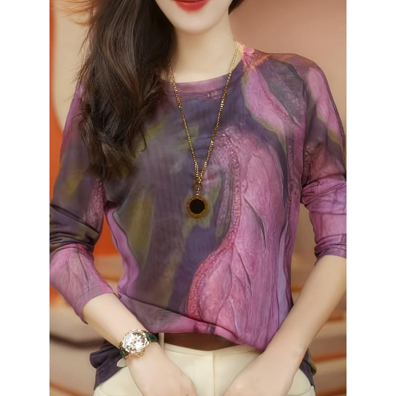 Abstract Print Crew Neck T-Shirt, Vintage Long Sleeve T-Shirt For Spring & Fall, Women's Clothing