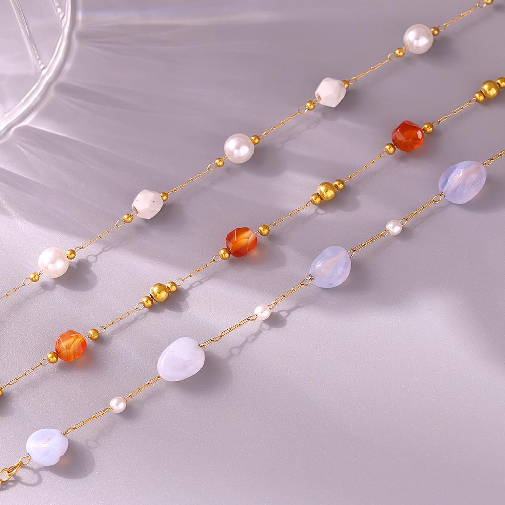 Gorgeous Orange Beige Necklace Bracelet Women Set Stainless Steel Nature Stones Beaded Pendant Female Necklaces Zircon