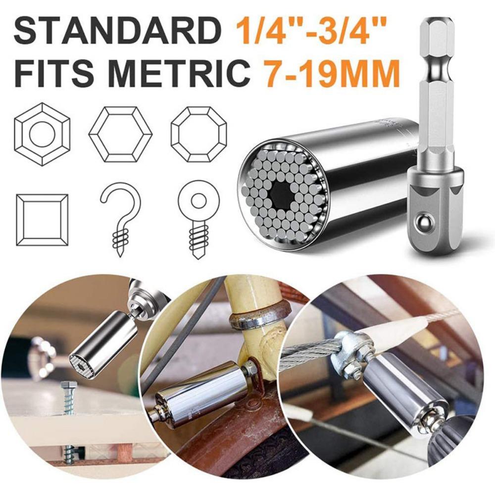Metric 7-19mm Socket 3/8" Hex Shank Post 1/4"-3/4" Silver Ratchet Socket Universal Socket Tool with Electric Drill Adapter (Silver Socket + Post)