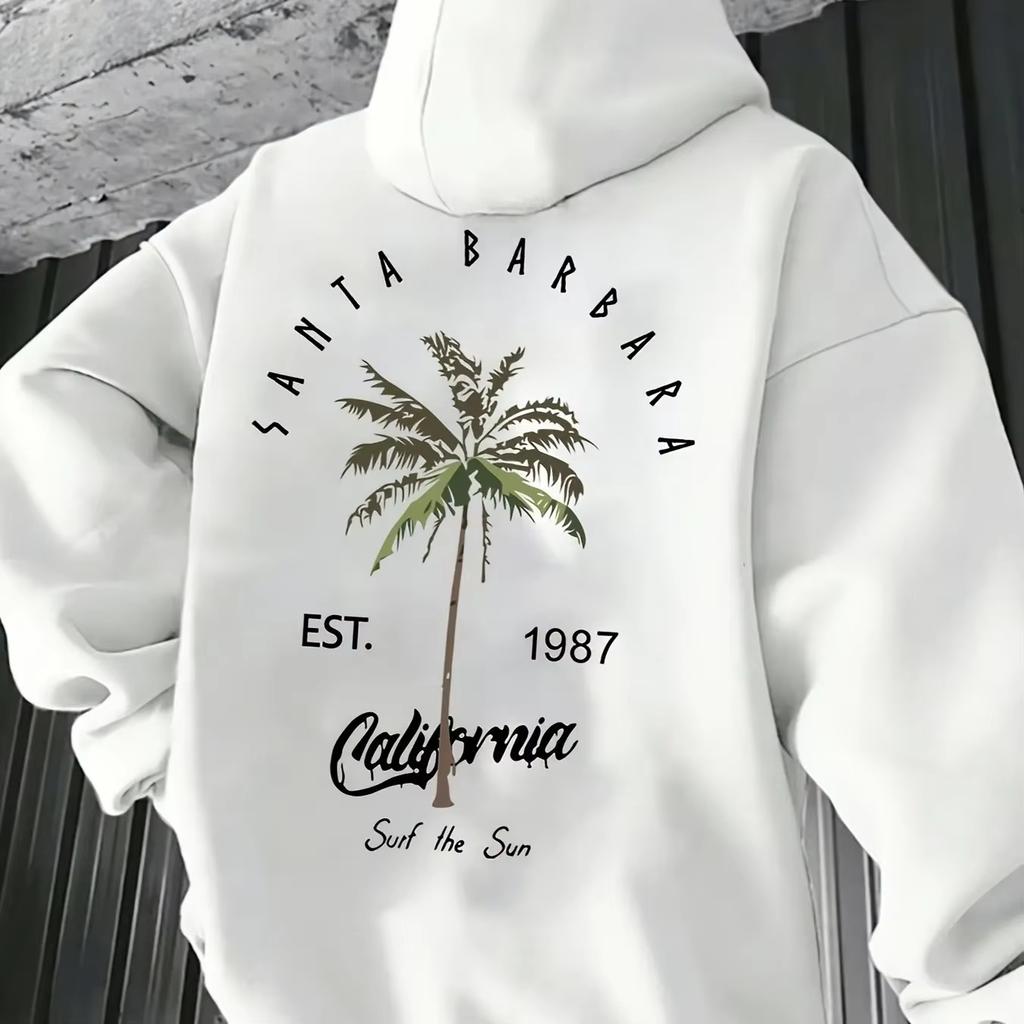 Cali‑breeze Men Hoodie Back Retro Palm‑tree Vintage Year‑mark Beach‑text Decor Pullover For Cozy Weekend Outdoor Activities
