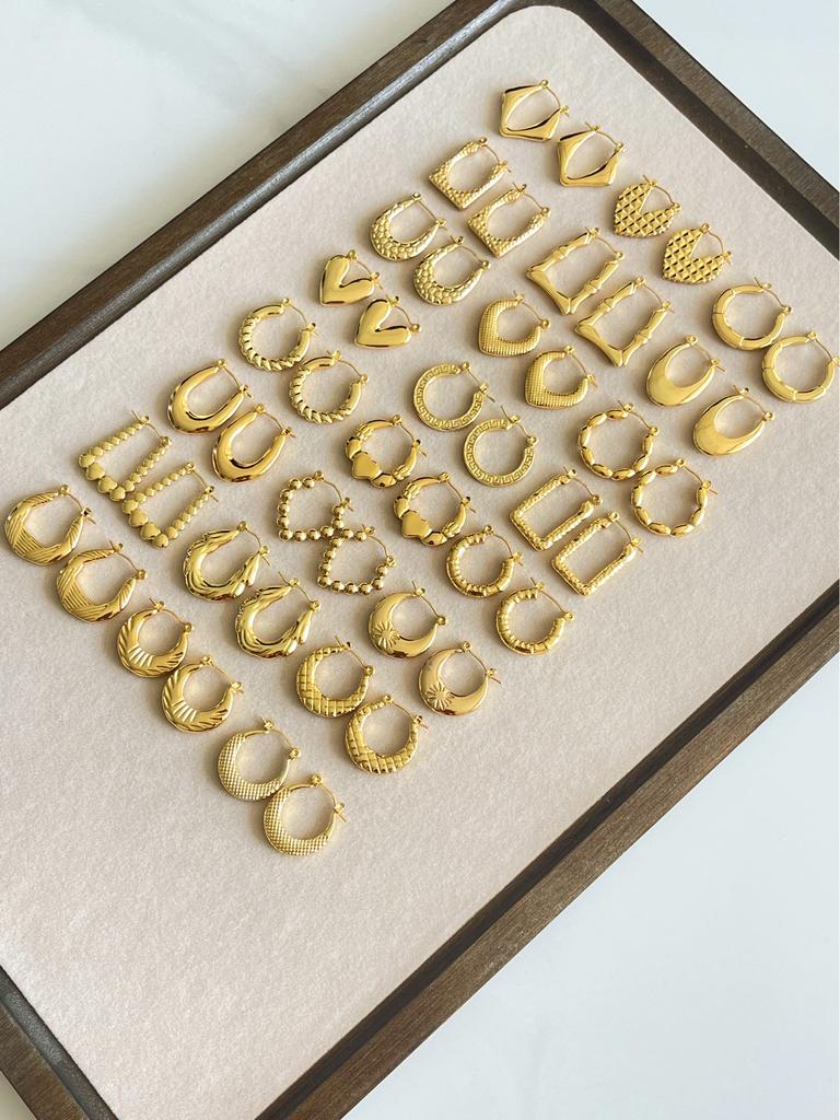 Multi-Style Vintage Waterproof 18K Gold Plated Stainless Steel Minimalist Geometric Flower Star Heart Hoop Earrings for Women