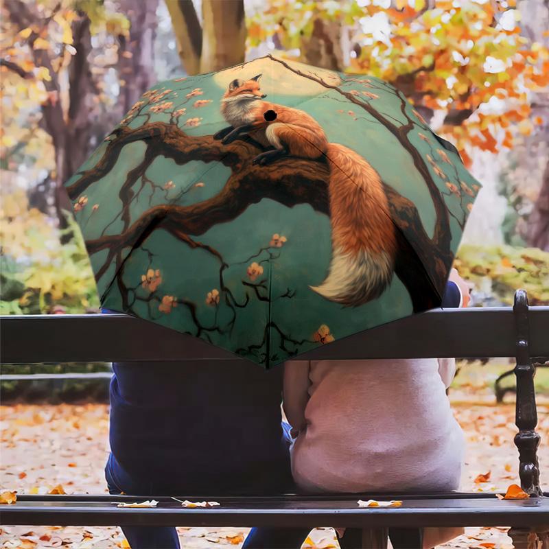 0106 Cherry Blossom Fox Pattern, Automatic Folding Umbrella, Portable and Foldable Design, 8 Ribs, a Christmas or Birthday Gift.