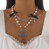 Accessories Punk Metal Cross Imitation Pearl Tassel Necklace, Sweet Cool Bow Necklace