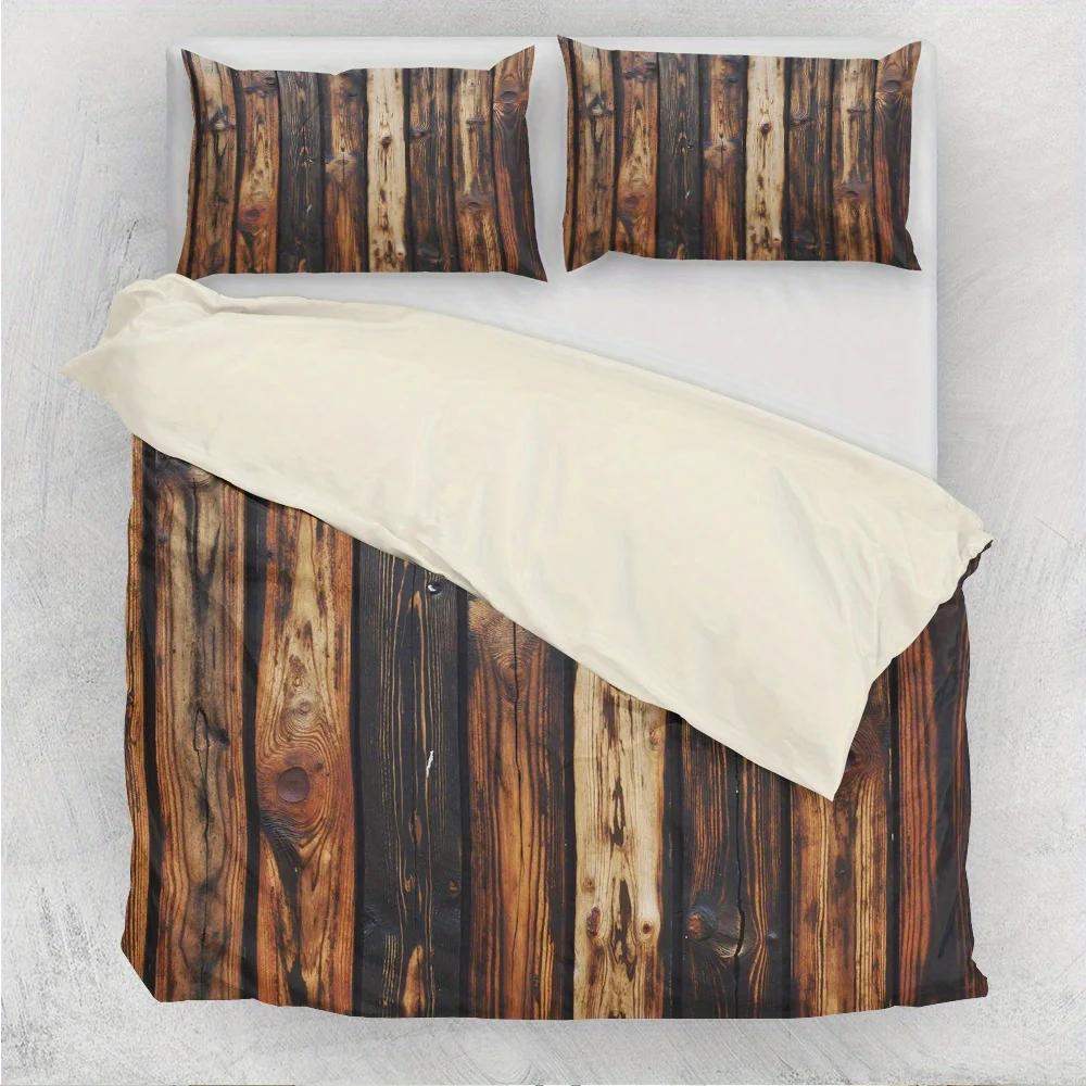 3-teiliges Retro Holzmaserungsmuster Digital bedrucktes Quilt-Set - Enthält 1 Bettdeckenbezug und 2 Kissenbezüge (ohne Füllstoff)