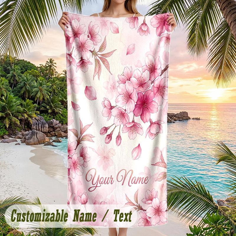 Cherry Blossom Artwork Theme Quick Dry Beach Towel Custom Name Text Print Large Sand Resistant Towel Beach Vacation