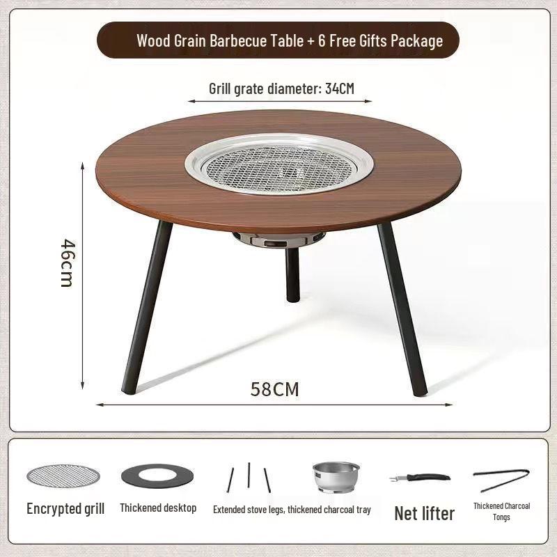Portable Folding BBQ Grill with Solid Wood Table for Outdoor Picnic and Meat Barbecue