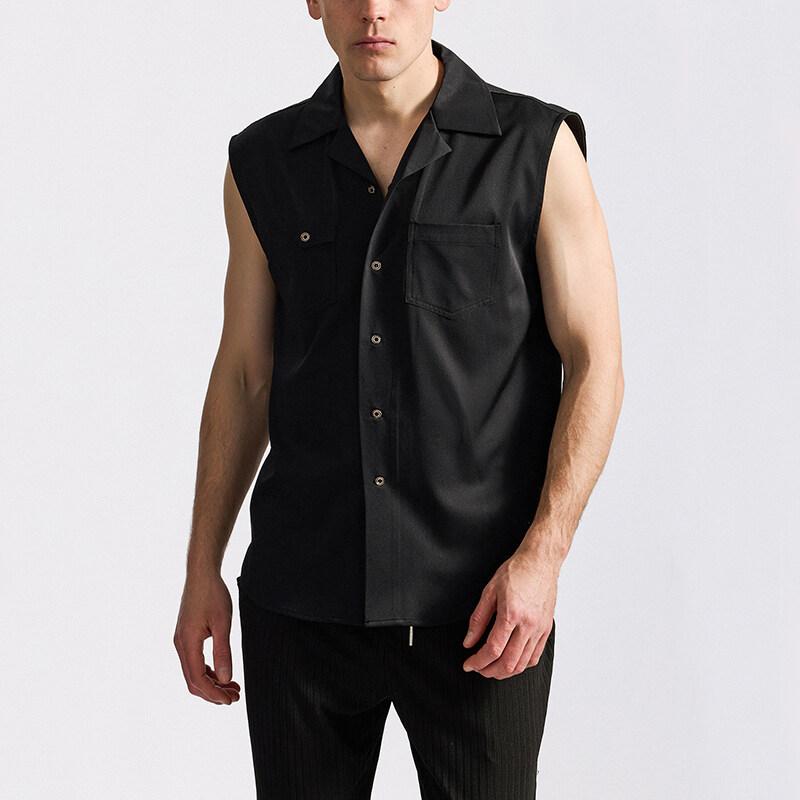 New Summer Men's Sleeveless Shirt Solid Color Pocket Single Breasted Nightclub Shirts Male Streetwear