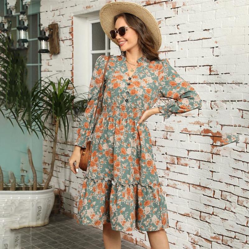 Autumn Winter Women Long Sleeve Print Elegant V-neck Casual A-Line Knee-Length High Waist Dress