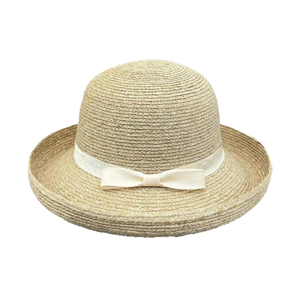 High-end natural raffia bucket hat women's summer travel seaside sunshade sunscreen crimped basin hat