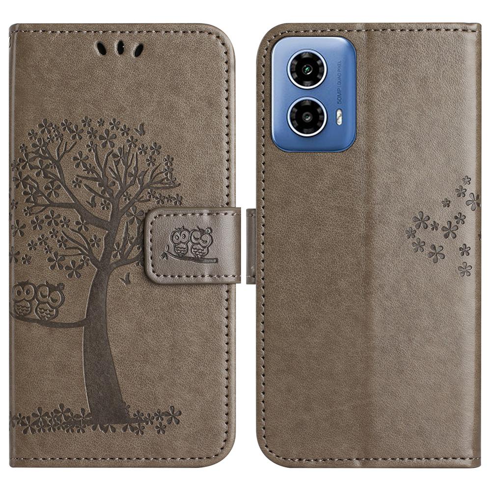 

For Motorola Moto G35 5G Case PU Leather Owl Tree Imprinted Wallet Phone Cover Grey